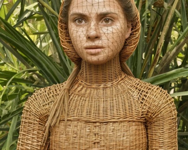 Wicker Figure in Lush Greenery with Traditional Attire