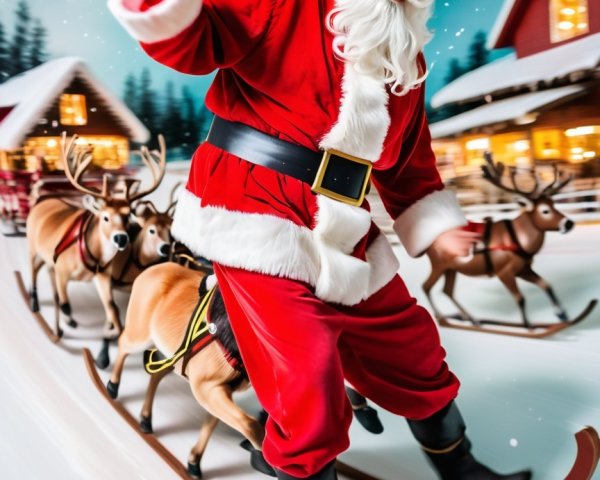 Santa Claus on a sleigh in a snowy Christmas scene