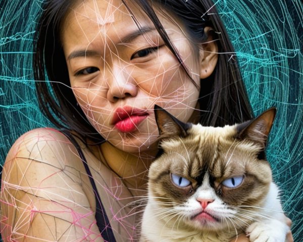 Woman with Black Hair and Grumpy Blue-Eyed Cat