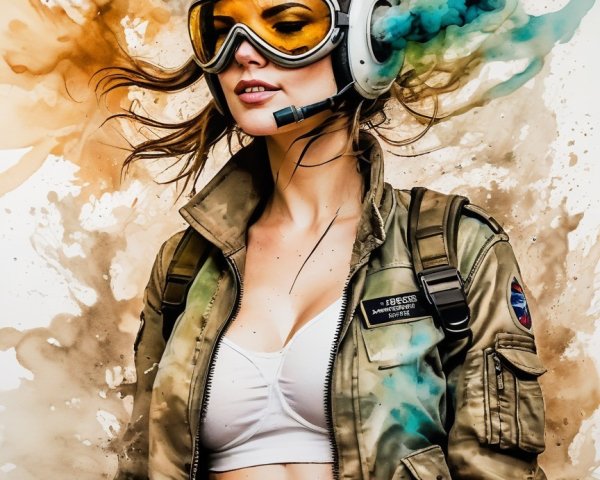 Female Figure in Retro Pilot Gear with Colorful Background
