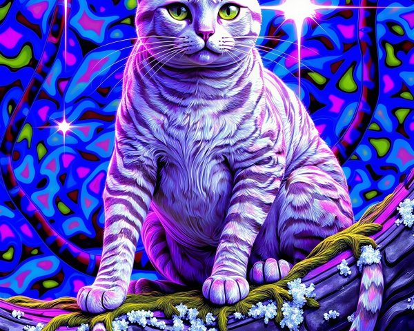 Psychedelic Artwork of a Striped Cat on a Branch