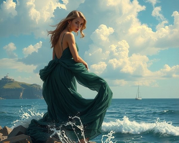 Woman in Green Dress on Rocky Shores with Sailboat