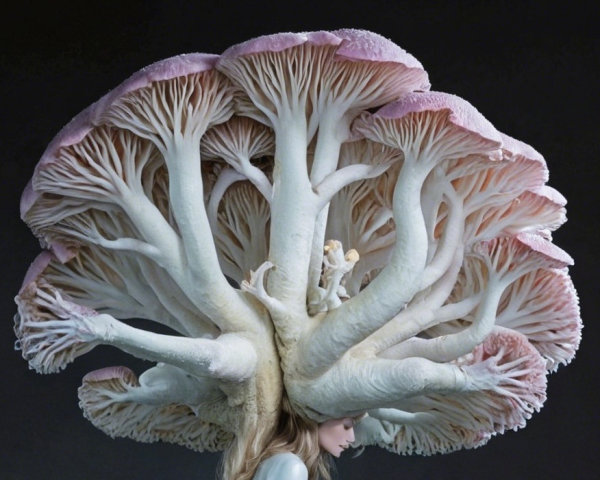 Close-Up of Woman with Detailed Mushroom Sculpture Headpiece