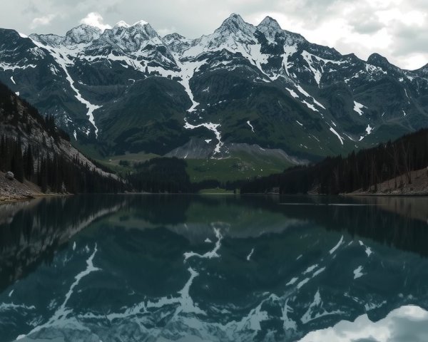 Alpine Lake Surrounded by Snow-Capped Mountains and Pines