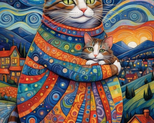 Whimsical Painting of Cat and Kitten in Night Sky