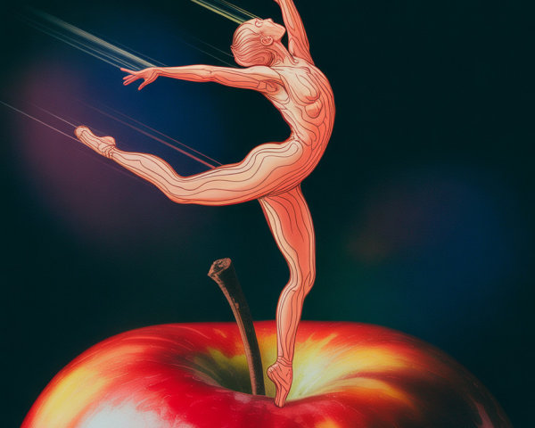 Ballerina on Red Apple with Colorful Background