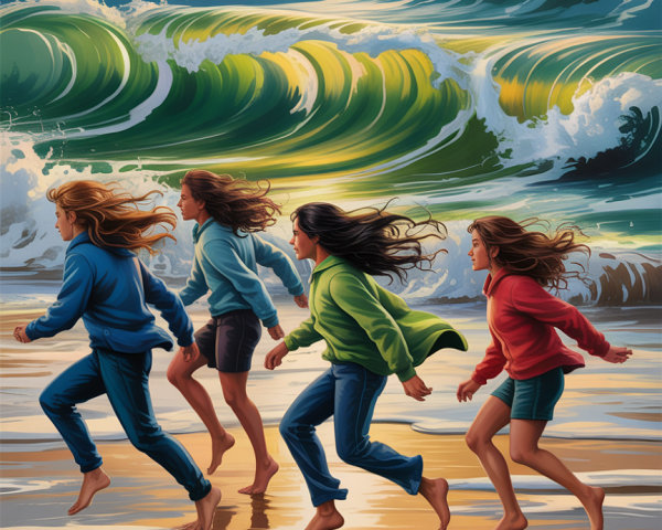 Children Playing on Shoreline at Sunset