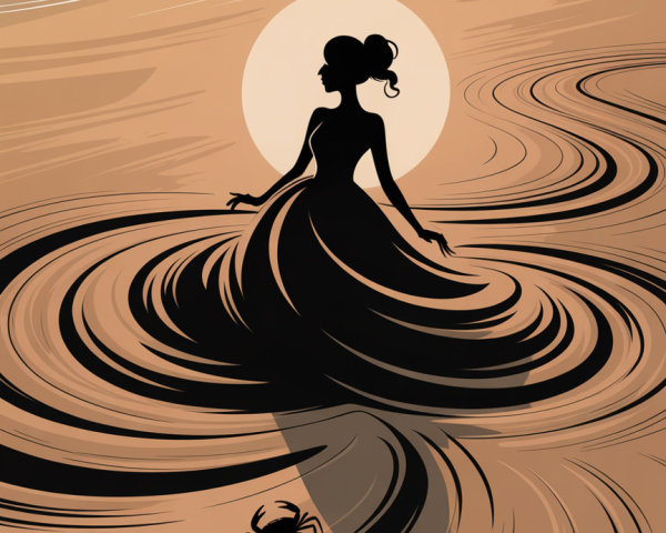 Silhouette of Woman on Beach at Sunset with Crabs