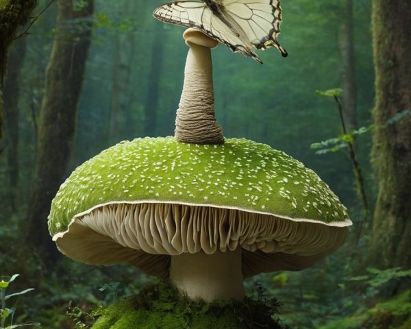 White Butterfly on Tall Mushroom in Forest Setting