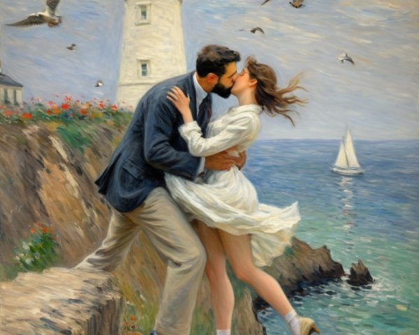 Oil Painting of a Couple Kissing by a Lighthouse