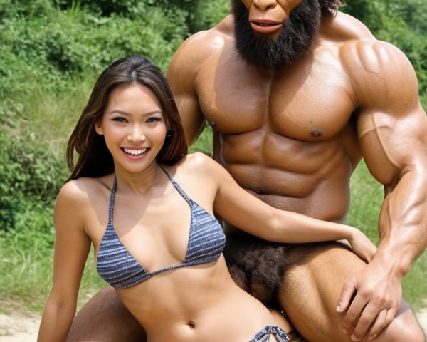 Asian woman in striped bikini with Neanderthal in nature
