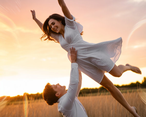 Young couple in a field during sunset celebration