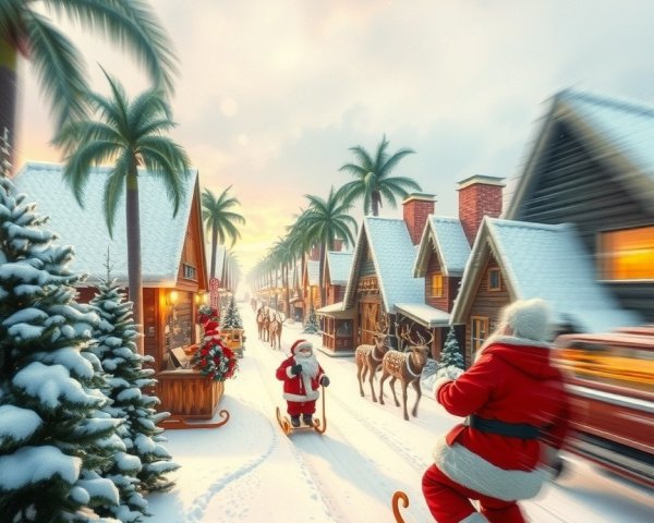 Winter Village Scene with Santa, Snow, and Decorations