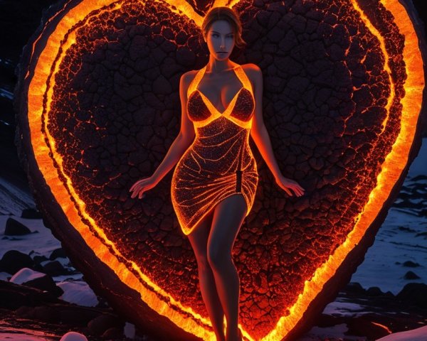 Woman in glittering dress by glowing heart structure
