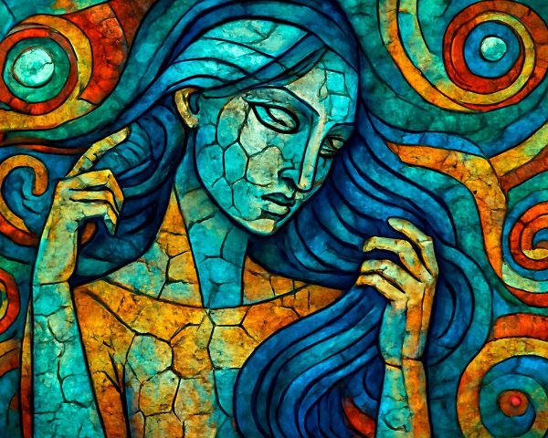 Broken Stained Glass Portrait of a Teal-Skinned Woman