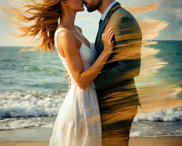Couple Kissing on Beach with Ocean Backdrop