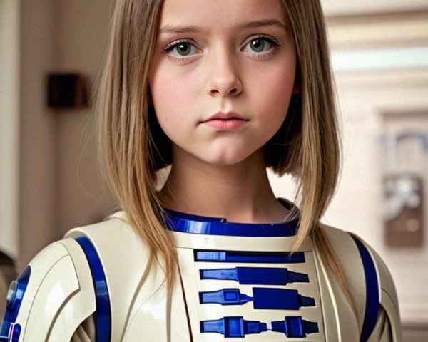 Young girl in droid-inspired costume with blue details