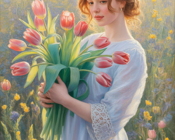 Young Woman in Flower Field with Pink Tulips