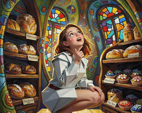Elven Woman in Bakery with Colorful Ceiling and Baked Goods