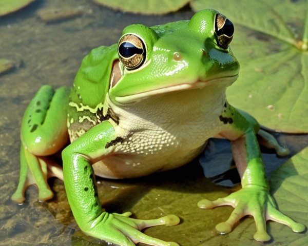 Vibrant Green Frog on Lily Pad in Calm Waters