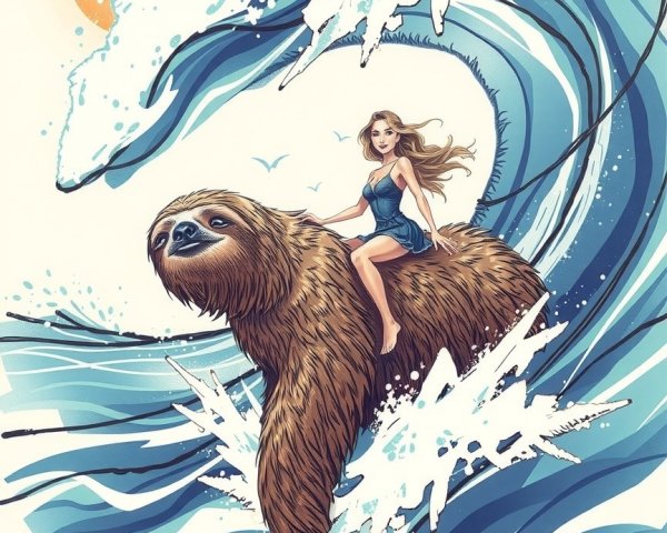 Young woman surfing on a sloth atop a vibrant wave