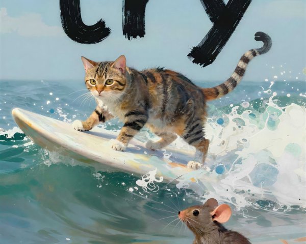 A digital painting of a surfing tabby cat and mouse