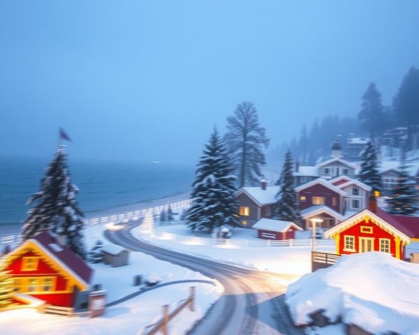 Winter Scene with Red Cottages and Snowy Landscape