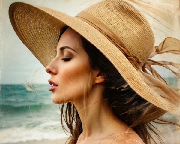 Woman with flowing hair in coastal setting with hat