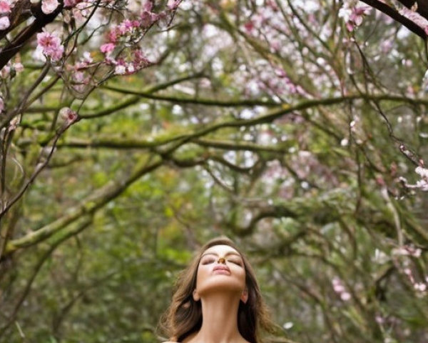 Woman in Cherry Blossom Canopy with Butterfly on Nose
