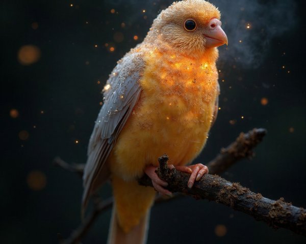 Close-up of a glowing yellow bird on a branch at night