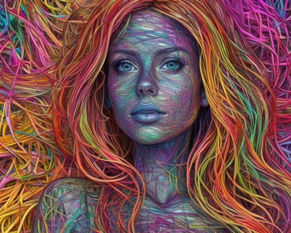 Stylized Portrait of a Woman with Multicolored Hair