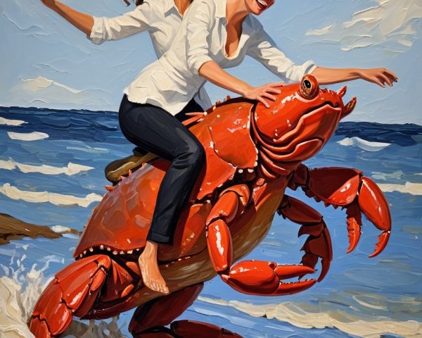 Women Riding a Large Red Crab on the Beach