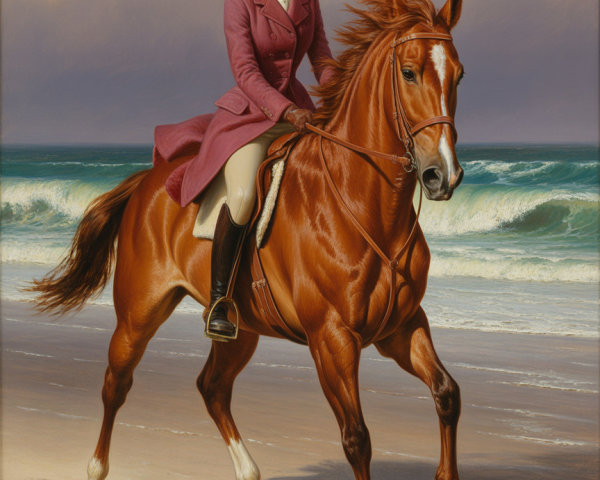 Young Woman in Purple Coat Rides Horse on Beach