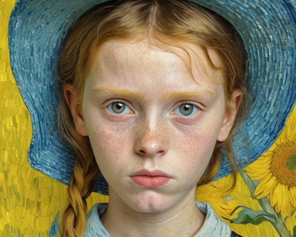 Portrait of a Girl with Blue Eyes and Sunflowers