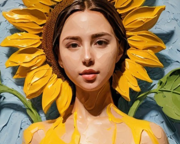 Artistic Representation of Woman with Sunflower Background