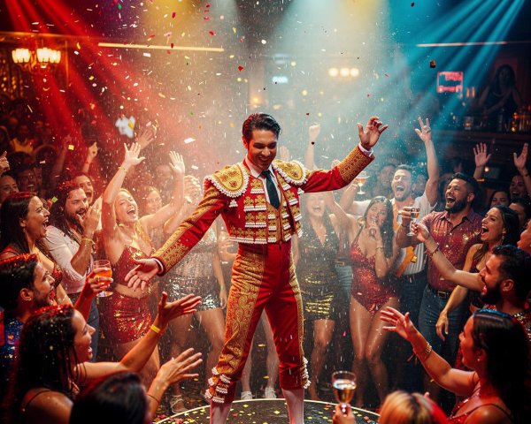 Nightclub Scene with Matador and Cheering Crowd
