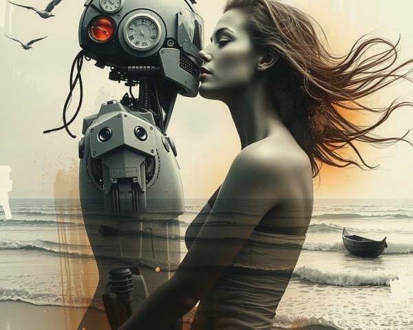 Surreal Encounter Between Woman and Humanoid Robot on Beach