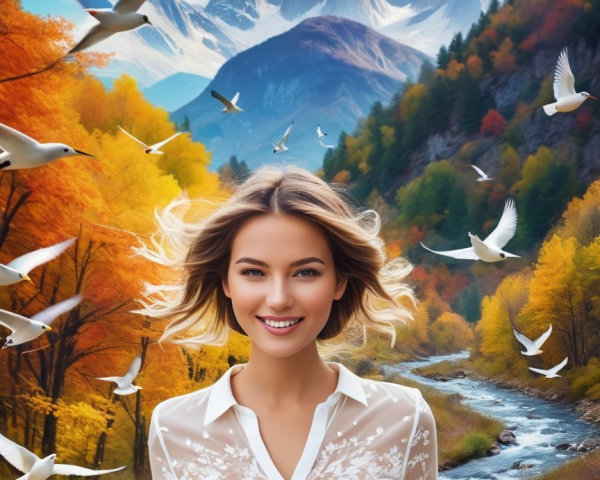 Young Woman in Vibrant Autumn Landscape with Nature
