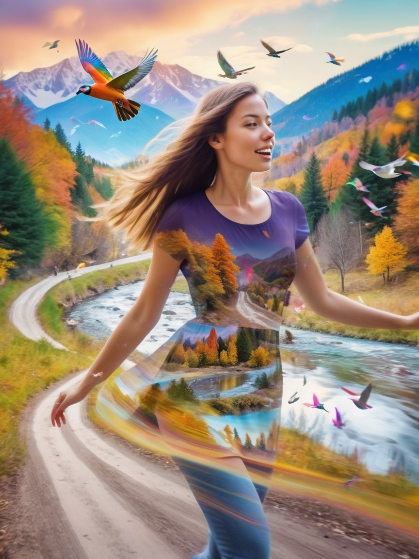Young Woman in Autumn Landscape with Vibrant Colors