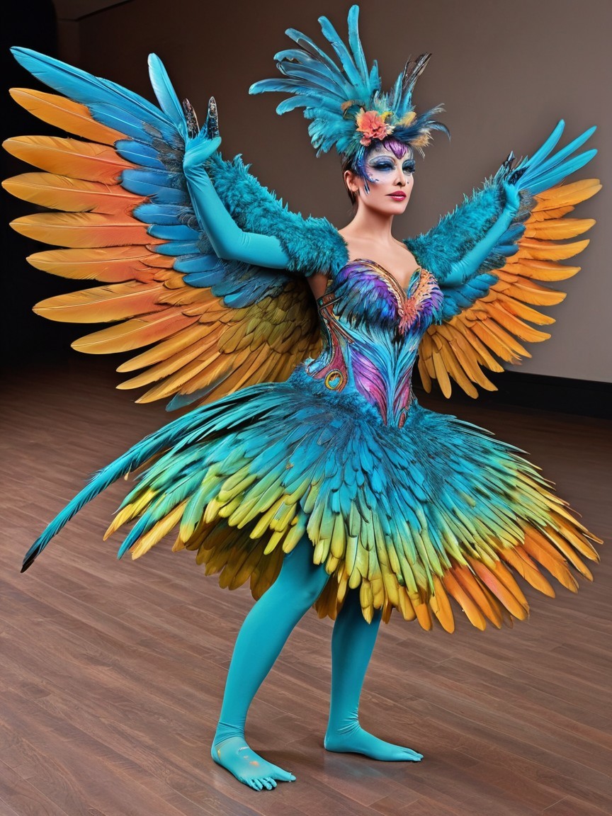 Vibrant Tropical Bird Costume with Colorful Feathers