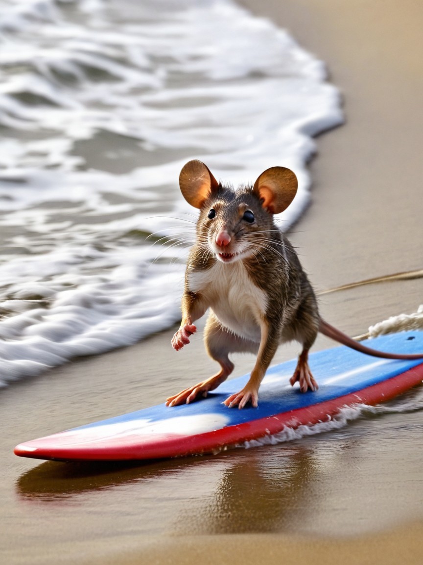 Mouse Surfing on a Colorful Board at Sunny Beach