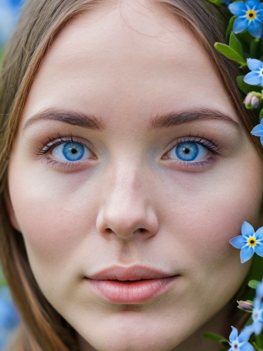 Close-up Portrait of Young Woman with Blue Flowers