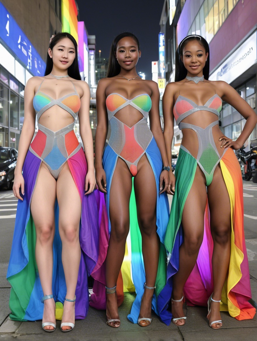 Models in Neon Lights with Bold Rainbow Outfits