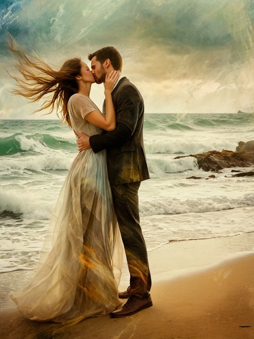 Couple Kissing on Beach with Dramatic Sky and Waves