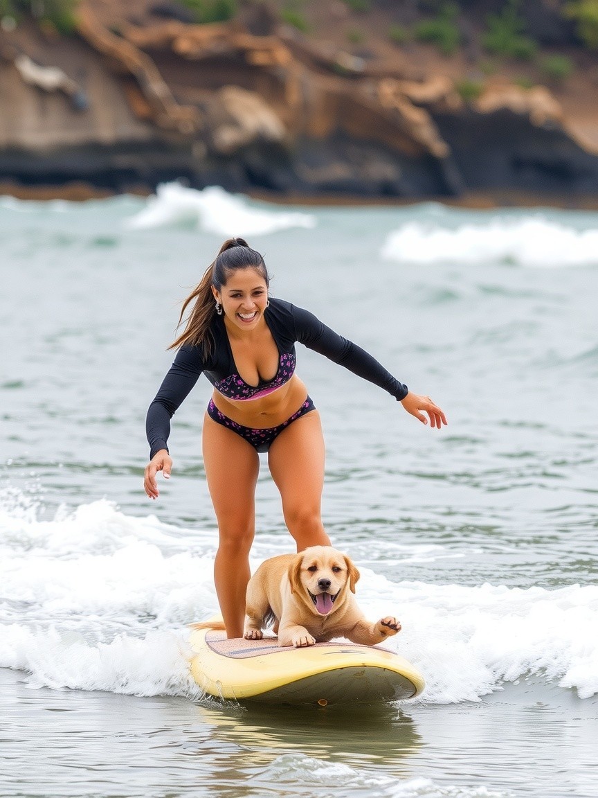 Woman Surfing with Labrador on Gentle Waves at Beach