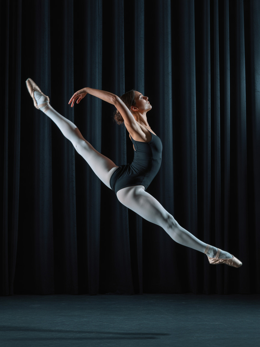 Ballerina in Mid-Leap Against Dark Blue Curtain