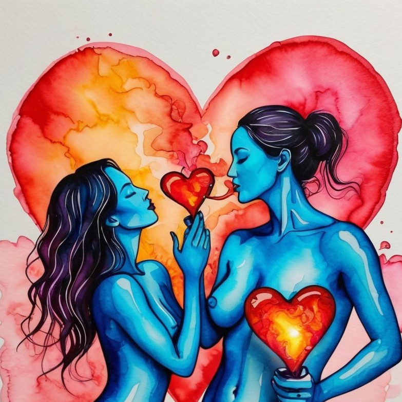 Stylized Blue Figures with Heart-Shaped Background