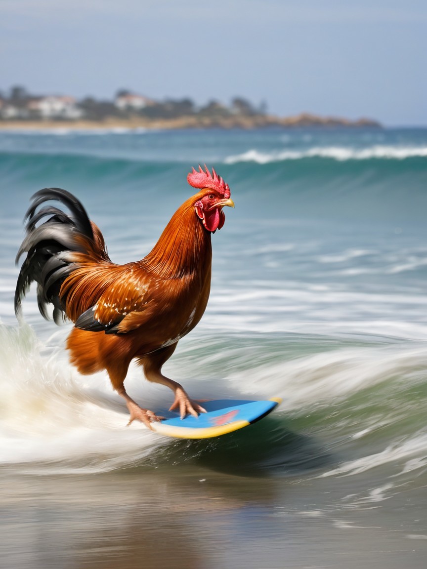 Brown Rooster Surfing on Colorful Board at Beach