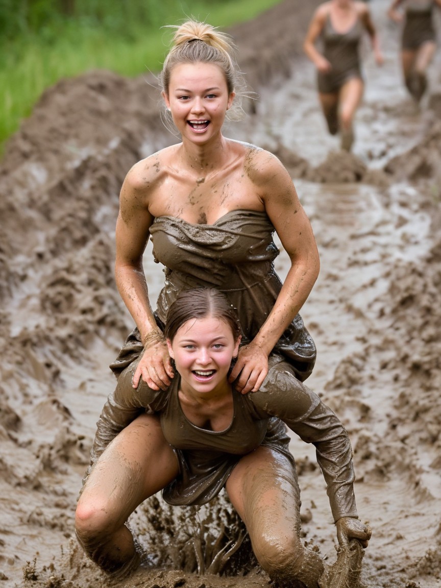 Young Women Playfully Enjoying Muddy Outdoor Scene