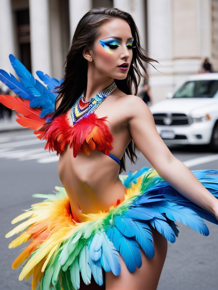 Vibrant Performer in Colorful Feathered Costume